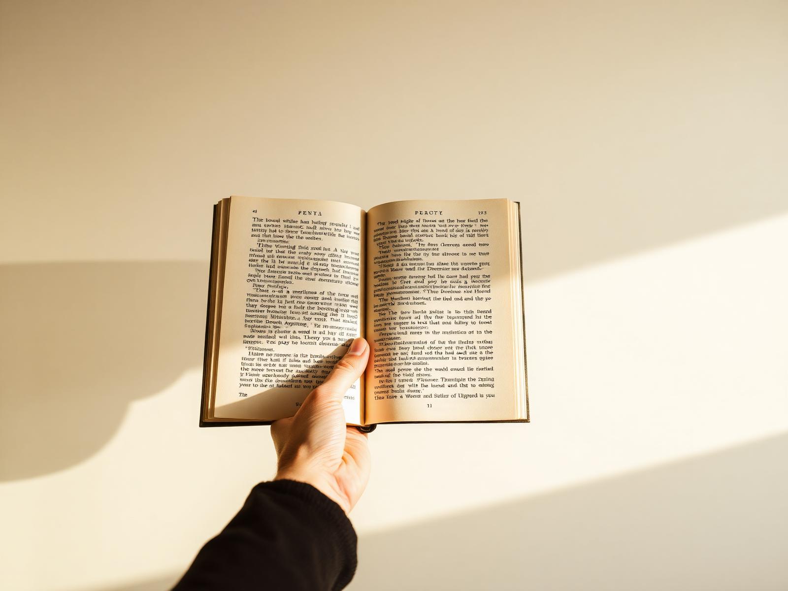 Una mano sostiene un libro abierto a contraluz
