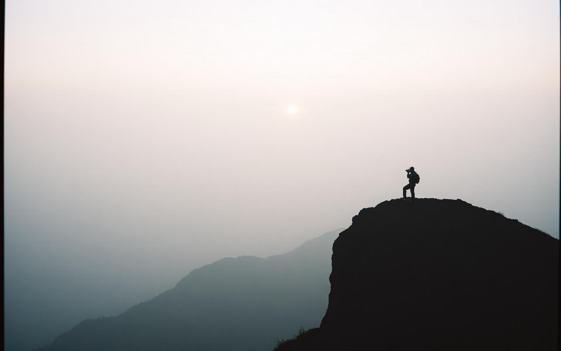 Fotógrafo al amanecer sobre una cresta montañosa entre la niebla